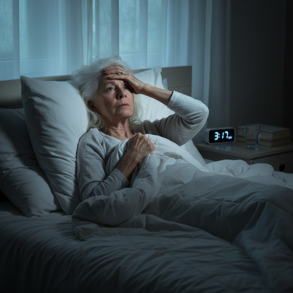 An elderly woman lies awake in bed at night, holding her hand to her forehead with a distressed expression.
